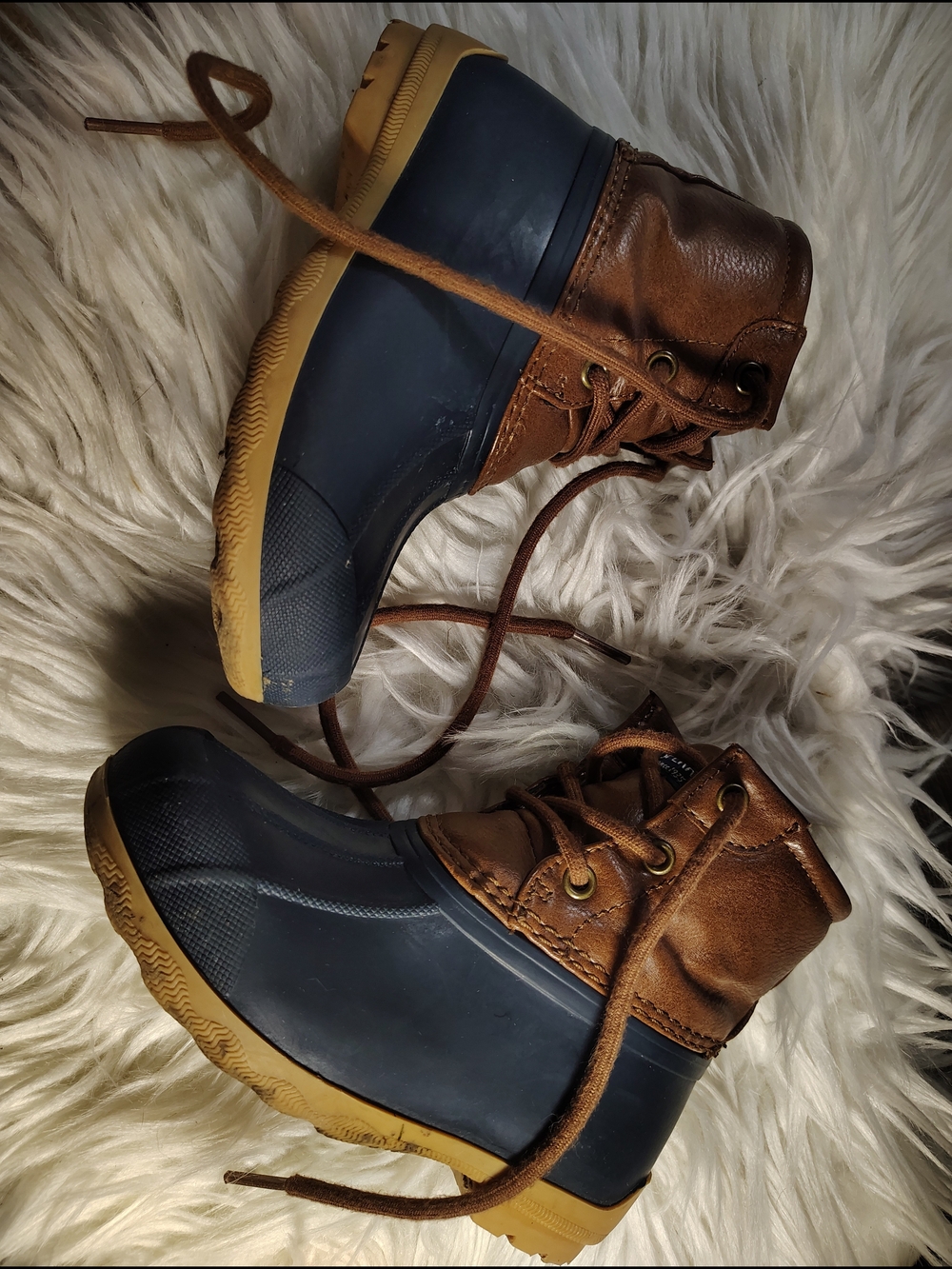 Sperry Brown Leather and Navy Rubber Kids Rain Boots Sz 10